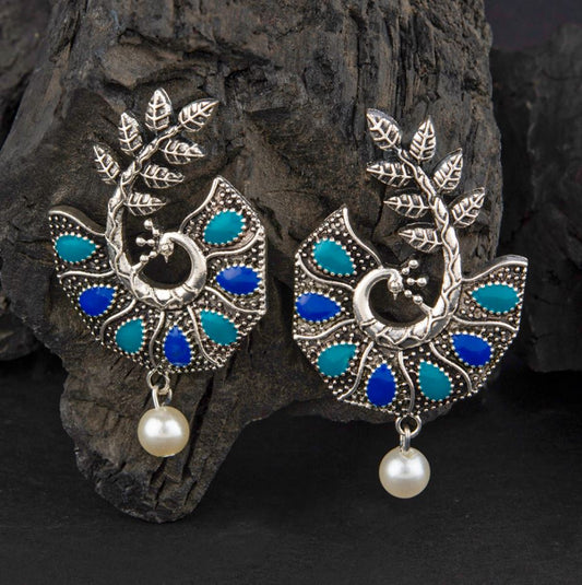 Silver Enamel Peacock Drop Earrings – Antique Finish