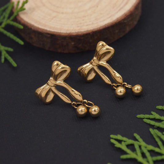 Golden Ribbon Charm Studs – 18K Gold Plated Stainless Steel